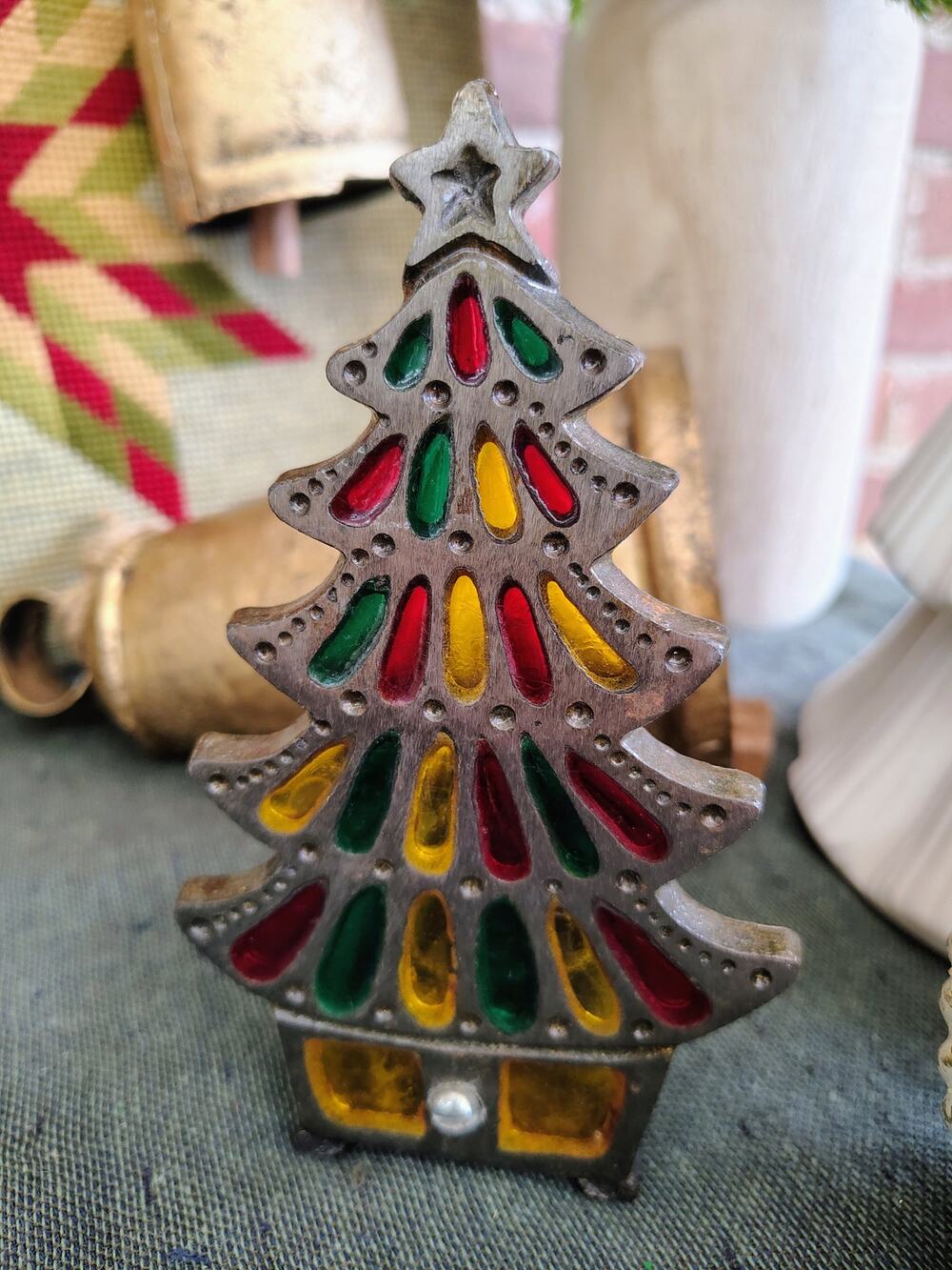 Vintage Cast Iron Christmas Tree Candle Holder β Stained Glass Window Design